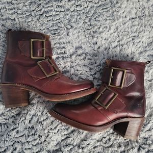 Frye & Company burgundy leather buckle strap ankle boots